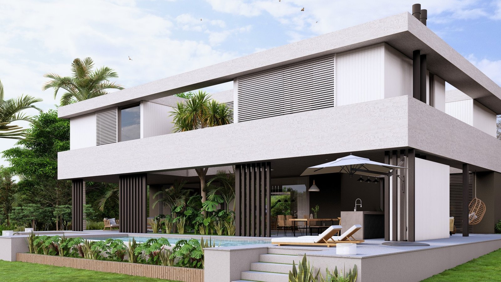 Casa moderna con piscina y jardín con deck — proyecto Casa TL, por Hermann Arquitectos, en J95J+2C